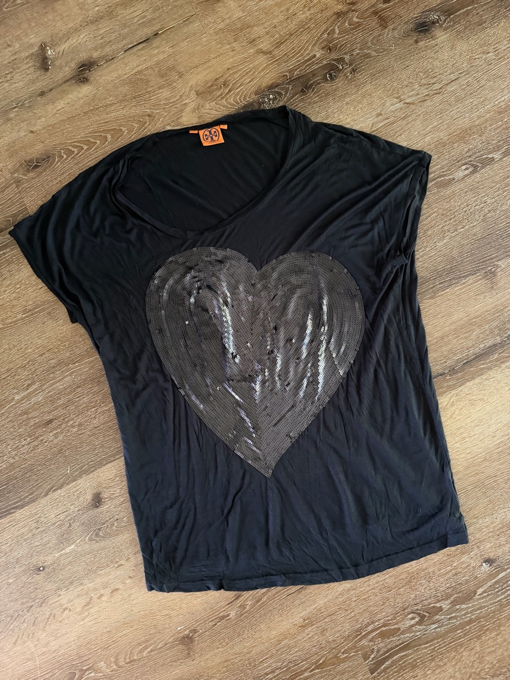 Tory Burch Black Short Sleeve Tee with Sequined Heart